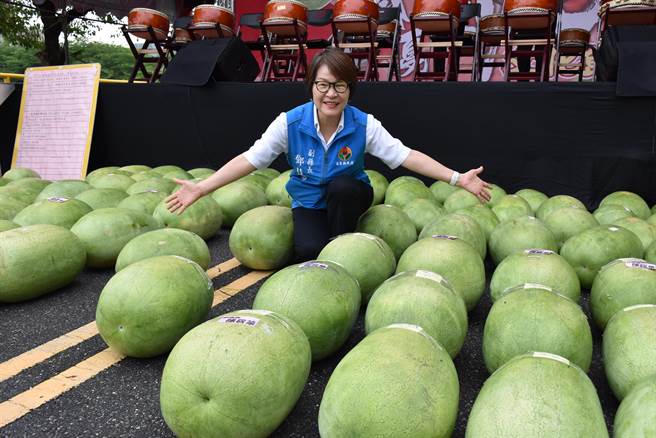 竹南镇崎顶西瓜文化节17日在竹南啤酒厂登场，苗栗县副县长邓桂菊到场推销优良西瓜。（谢明俊摄）