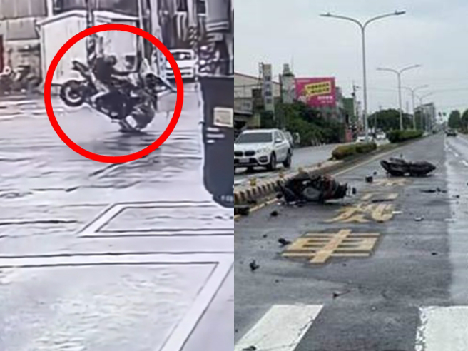 一名47歲男子早9點多，在台一線外側車道鬼切、未待轉、未戴安全帽就直接左轉，導致直行19歲重機騎士閃避不及撞上，47歲男慘死。（翻攝畫面）