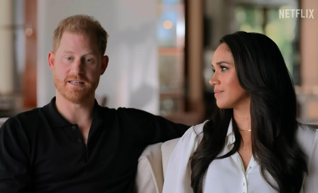 哈利和梅根拍攝網飛（Netflix）紀錄片的神情。（達志圖庫/TGP）