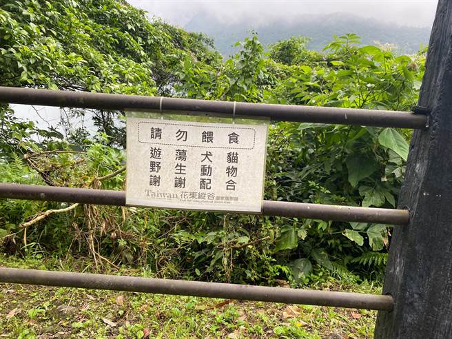 环潭道路及园区内都设有告示，呼吁民眾不要随意喂食，避免犬猫伤害在地原生的野生动物。（纵管处提供／王志伟花莲传真）