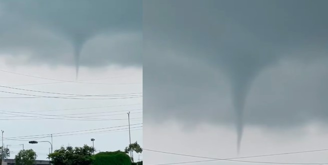 今（17）日午后中南部降下大雨，有民眾在嘉义拍下「漏斗云」的奇景。（图／嘉义绿豆大小事授权使用）