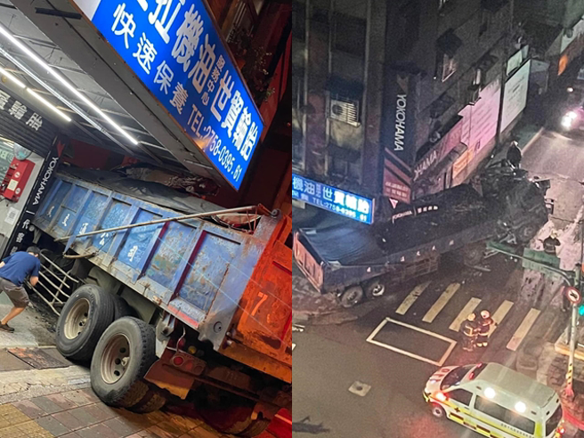 信义区卡车直衝轮胎行1伤  骑楼柱子没了「靠车子撑着」。(翻摄自爆料公社)