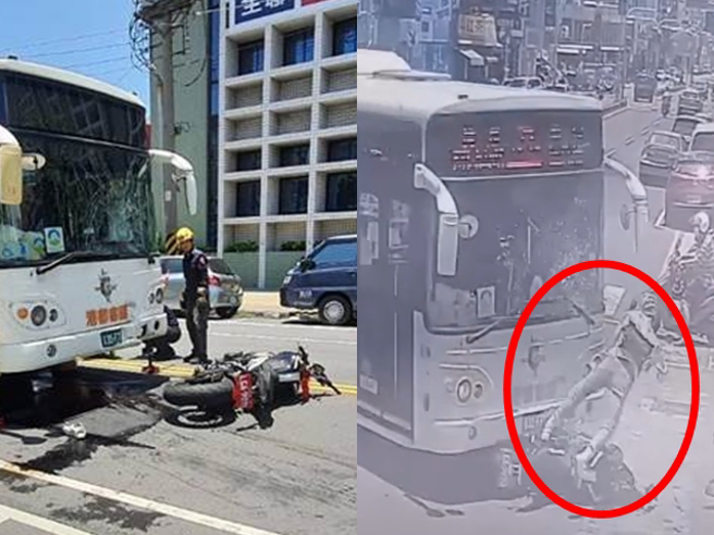 高雄市岡山區岡山路段上今天中午發生一起公車與大型重機車碰撞的交通事故，造成重機騎士連人帶車卡在公車底盤下。（高雄市警方提供／林雅惠傳真）