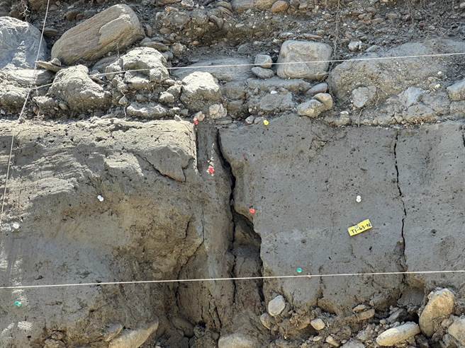 台大地质系助理教授王昱组成团队，今年4月在前身为玉里国小的镇民广场，进行断层槽沟挖掘作业，研究玉里断层活动的痕迹，清晰可见地层被挤压的痕迹。（罗亦晽摄）