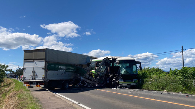 日本国道客运巴士与运猪卡车相撞。(图/twitter)