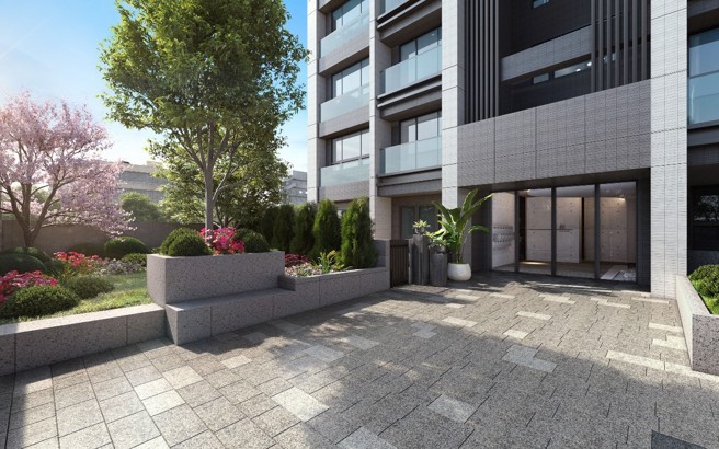 樺龍敘3D示意圖-社區入口廣場，外牆面和戶外植栽盆栽共同營造隱匿性，為愜意的微隱居生活品質增添一份安全。(圖/業者提供)