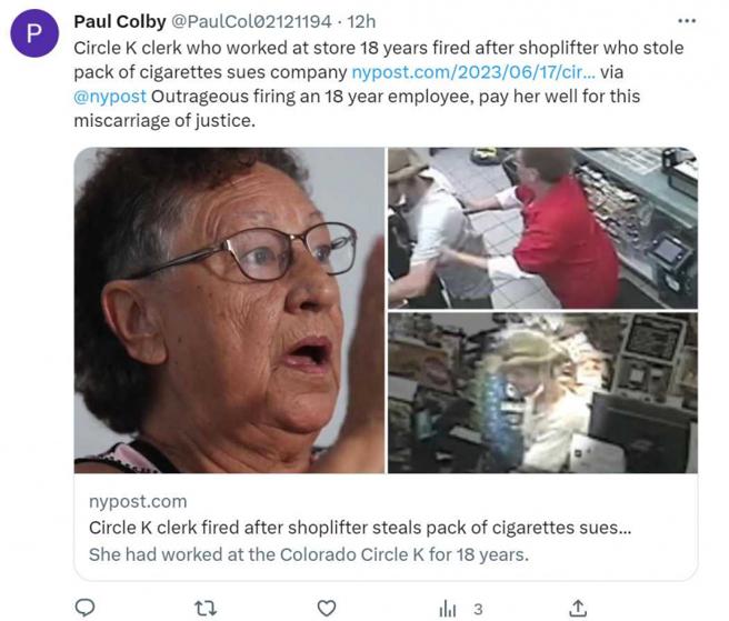 美国超商阿嬷员工则因「反射性动作」试图阻止小偷，被店家开除。（图／翻摄自推特）