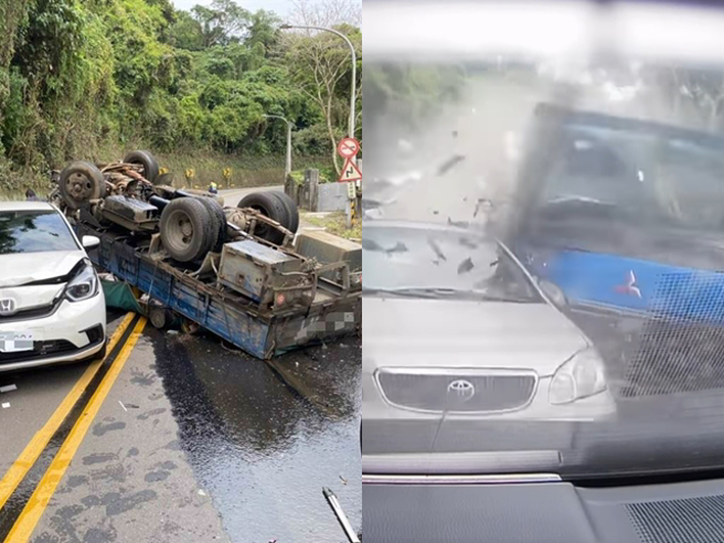 该名货车驾驶酒驾上路，疑因剎车失灵逆向暴衝，PO出画面的车主疑似还被撞翻车身，妻小在车内尖叫大吼，车主下车后赶紧确认家人安危。（翻摄自YouTube频道「WoWtchout - 地图型行车影像分享平台