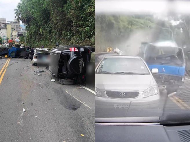 该名货车驾驶酒驾上路，疑因剎车失灵逆向暴衝，PO出画面的车主疑似还被撞翻车身，妻小在车内尖叫大吼，车主下车后赶紧确认家人安危。（翻摄自YouTube频道「WoWtchout - 地图型行车影像分享平台