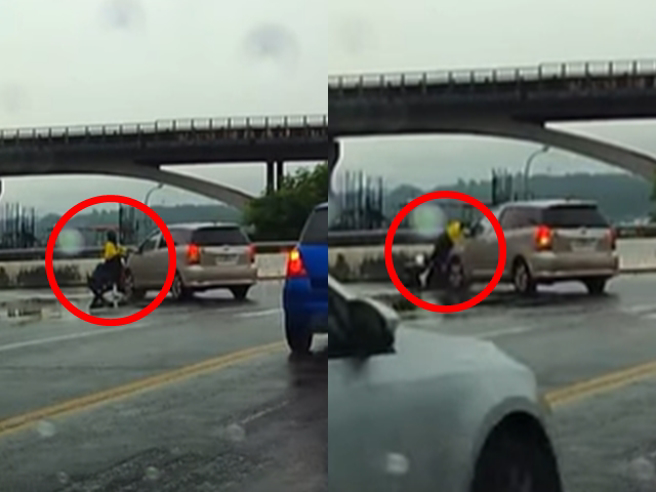 新竹县一辆休旅车日前被目击在路口左转时迎击待转区的机车女骑士，女骑士被车头撞倒，拖行近1公尺，所幸当下能直接起身、无大碍。（翻摄自YouTube频道「WoWtchout - 地图型行车影像分享平台」）