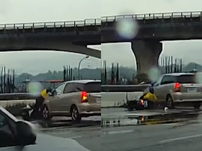 新竹县一辆休旅车日前被目击在路口左转时迎击待转区的机车女骑士，女骑士被车头撞倒，拖行近1公尺，所幸当下能直接起身、无大碍。（翻摄自YouTube频道「WoWtchout - 地图型行车影像分享平台」）