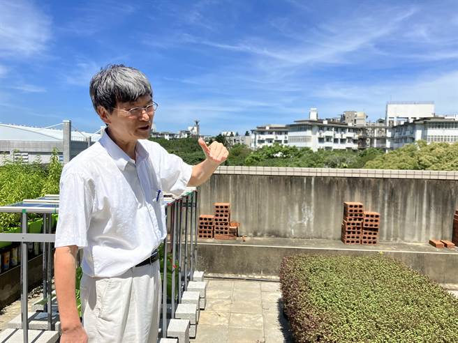 环工所教授高正忠说，传统太阳能板不透光，会遮住植物所需的太阳光，导致太阳能板与屋顶农园只能择一建置，非常可惜。（王惠慧摄）