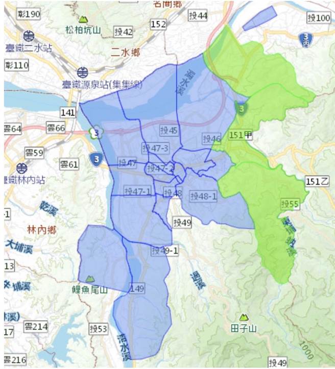 竹山鎮1萬4542戶（藍色區域）28日上午9時起停水36小時，另有1636戶（綠色區域）降壓供水。（台水公司提供／楊靜茹南投傳真）