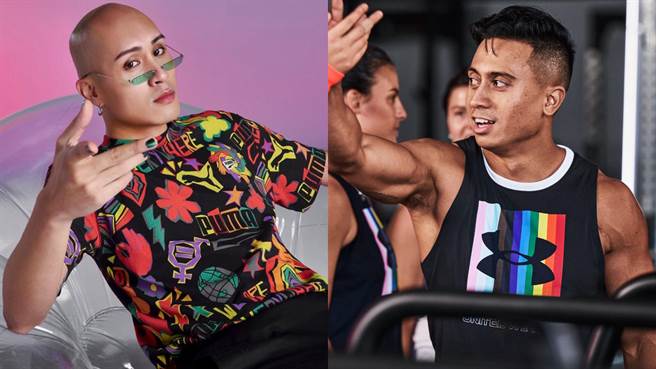 運動品牌響應同志驕傲月推一系列彩虹單品，就連藝人黃宣也親自穿上力挺。（PUMA、UNDER ARMOUR提供）