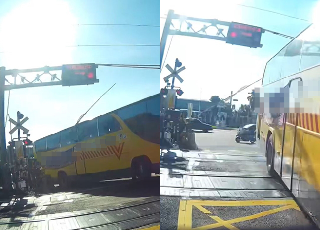 嘉义有辆校车硬闯平交道，遭网友骂翻「别人生命不值钱」。（翻摄自脸书爆料公社）