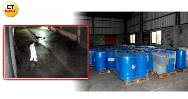 制毒集团成员穿着防护衣外出抽菸，被监视器拍下。（图／警方提供）