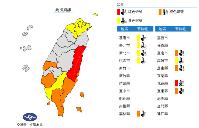 西南風影響，天氣晴朗炎熱，氣象局針對10縣市發布高溫資訊。（中央氣象局提供）