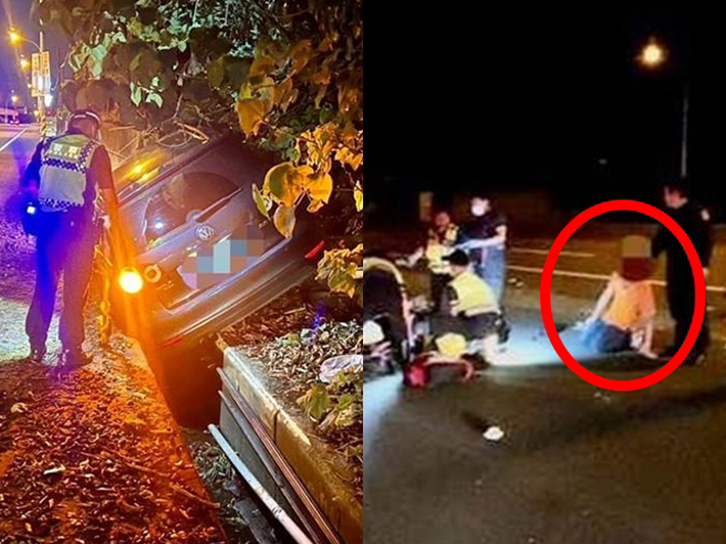 驾驶酒驾撞死人，自行爬出车外后发现现场满目疮痍还有一大摊血迹，惊觉事态严重，瘫软跪坐地上。（翻摄照片）