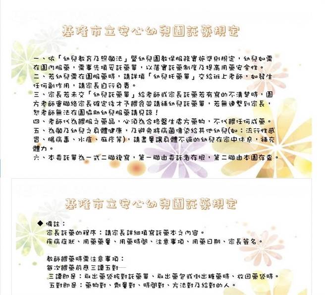 基隆市教育处提供的幼儿园托药措施范例。（基隆市政府提供／徐佑升基隆传真）