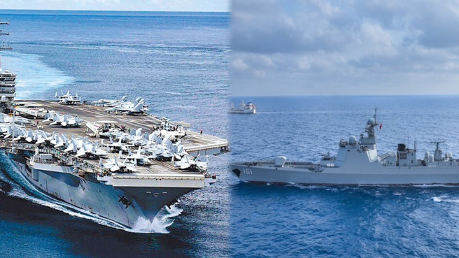 美国航母雷根号（左）进入南海，遭到解放军船舰（右）拦截。（合成图、示意图／取自新华网、雷根号脸书）
