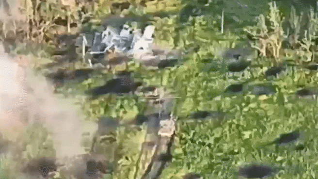 1輛T-90M 「突破」（Proryv）坦克在戰鬥任務中克服了雷區和單兵反坦克武器繼續完成任務。（畫面擷取自俄羅斯國防部）