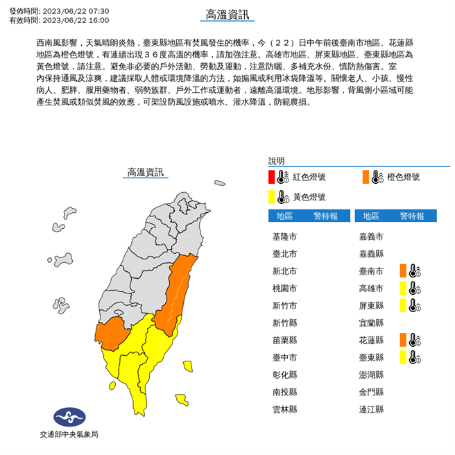 中央气象局预报指出，今天没下雨时天气依旧闷热，各地高温可以来到３２到３５度，南部内陆地区及花东纵谷有３６度以上高温发生，东南部有焚风发生的机率。（翻摄自中央气象局／林良齐台北传真）