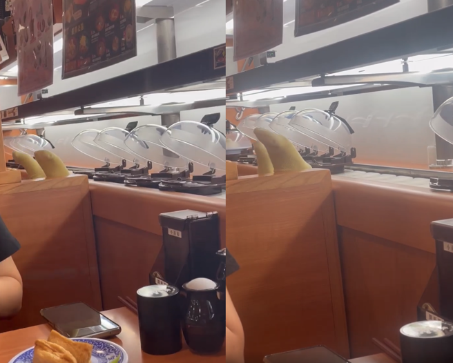 一名网友吃迴转寿司看见隔壁桌小孩脱鞋，把脚馈在寿司的输送带上。(翻摄自爆料公社)