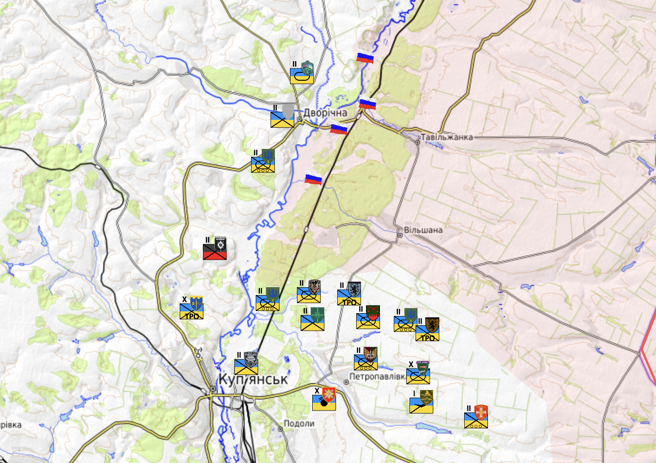 俄军自库普扬斯克前线展开攻势，目前已经在该城镇北方，也就是奥斯科尔河西侧建立起桥头堡，而在河的东侧，则是继续向南压迫乌军防线。俄方称距离库普扬斯克，只剩2公里。（撷取自开源地图工具Openstreet、乌俄战争开源贡献者Z-Kommersant）