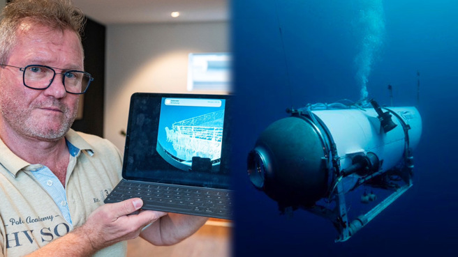 德国富豪罗伊伯（Arthur Loibl）（左）分享自身参加搭乘潜水器参观铁达尼号沉船的经验。（合成图／美联社）