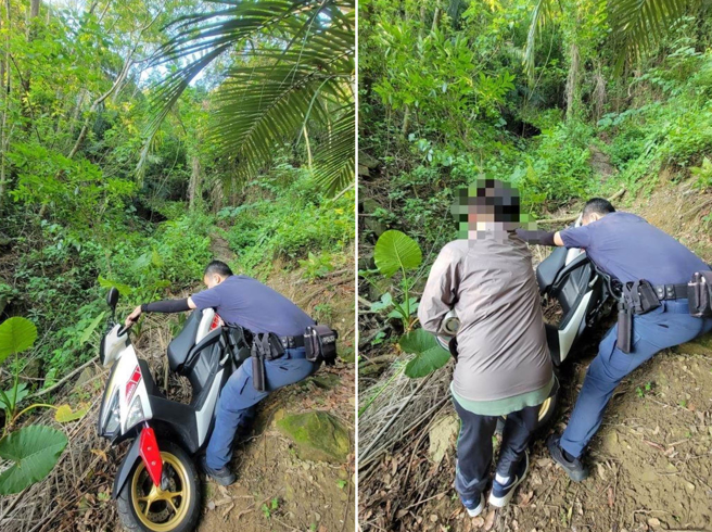 員警先確認謝男身體無恙後，合力協助將他的普重機由泥濘中牽起，放置可行駛之水泥地。（高雄市警方提供／林雅惠傳真）