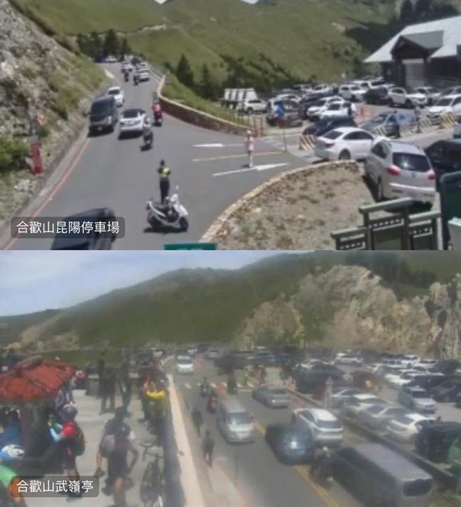 合欢山昆阳、武岭的停车场也爆满，合欢山公路沿途车多壅塞。（翻摄公路总局即时影像／杨静茹南投传真）