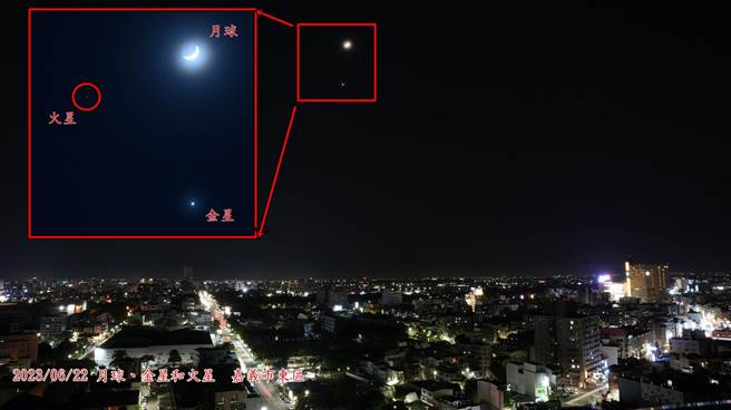 嘉义市天文协会在东区观看到「合月」（右边红框影像），拉出来放大如左边红框清楚呈现。（嘉义市天文协会提供／廖素慧嘉市传真）