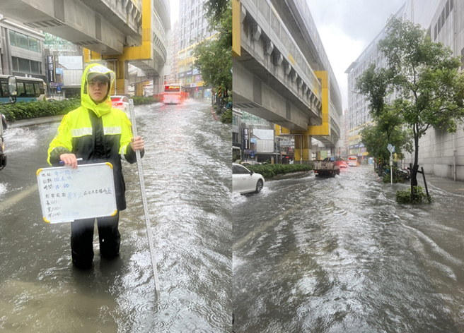 新北市捷运中和站周边道路淹大水 汽、机车缓速通过。（新北消防局提供）