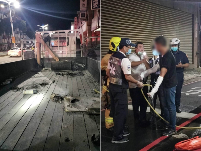 货车后车斗内香精突爆炸自燃，巨大声响吓坏附近民眾；货车驾驶双手遭灼伤，所幸送医后无大碍。（翻摄照片／崔正纲高雄传真）
