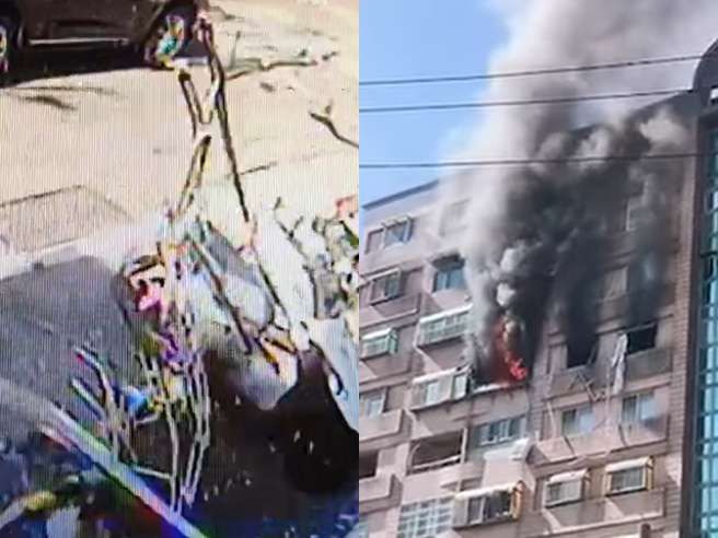 当地各处路口、住家监视器画面曝光，只见气爆当下有大量鹰架、铁架、窗户等物品从高处坠落，地面全是碎片。（消防局提供）