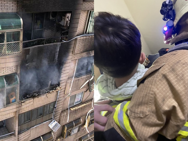 竹北市中正东路一处大楼发生瓦斯气爆火警，9到11楼住家窜出浓烟，一名16岁少年睡梦中遭炸伤，全身超过8成烫伤，送医插管中。（警消提供）