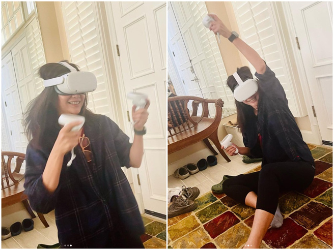 徐静蕾乐玩VR健身游戏supernatural。（图／IG@suanpieveryday）