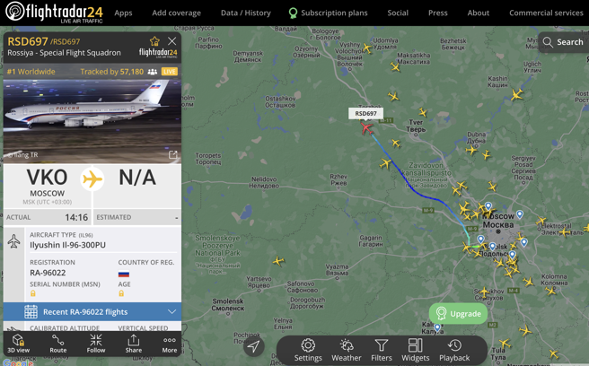 flightradar24网站显示，普丁总统专机24日已升空。（翻摄flightradar24网站）