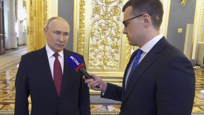  俄国电视1台播出普丁的电视访问，但是这可能是兵变前所录的。(图/节目截图)  