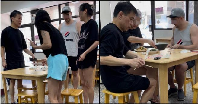 李天柱跟家人到餐館用餐，跟英國女婿互動有趣，女婿很接地氣地學會整理免洗筷。（圖／讀者提供）