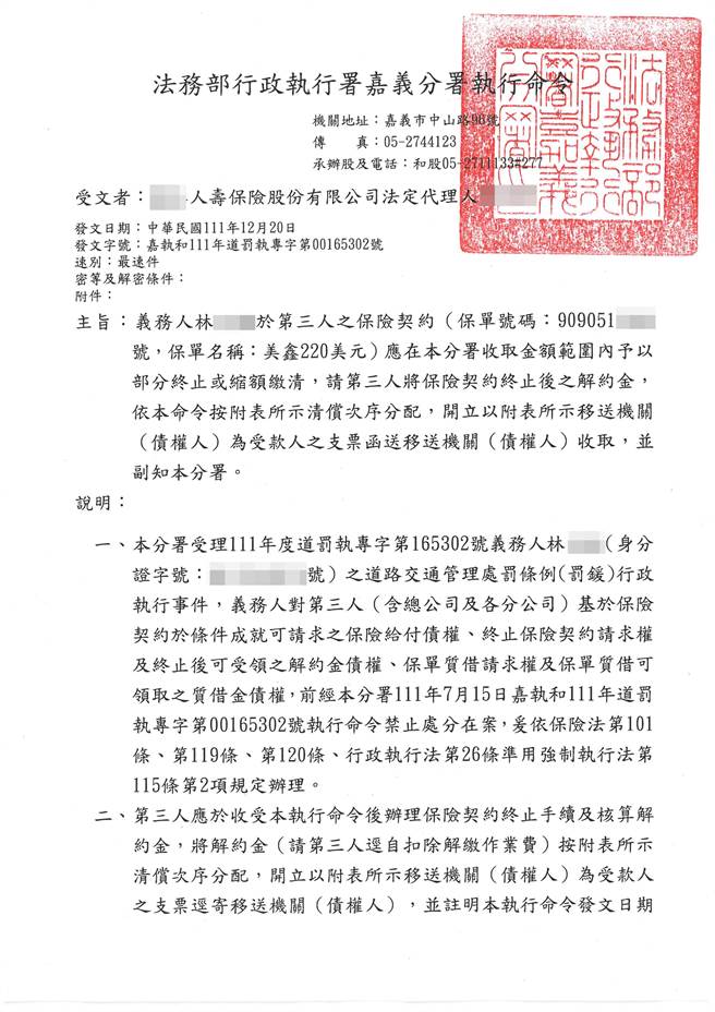 执行署行文保险公司，最后由保险公司将林男欠缴金额开立支票抵缴酒驾罚锾。（执行署嘉义分署提供∕吕妍庭嘉义传真）