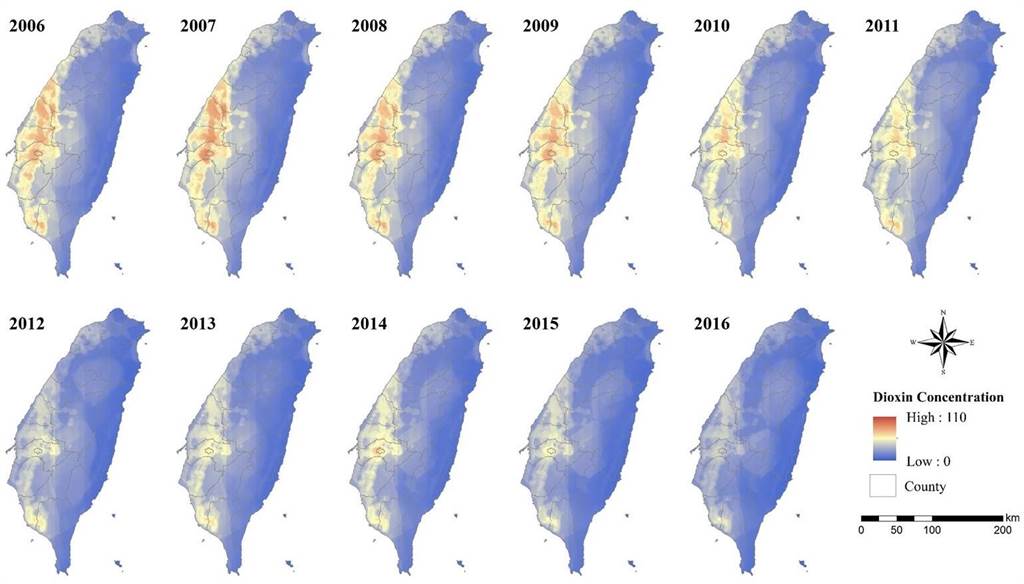 集成混合空間模型，模擬台灣本島戴奧辛分布年度變化情況。(成大提供／曹婷婷台南傳真)