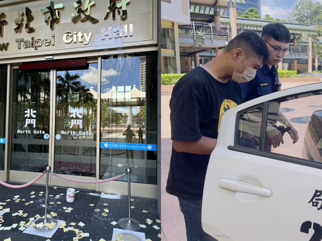 陈男二度到新北市府泼漆，海山分局员警将陈男带回侦讯。（吕健豪摄、警方提供）