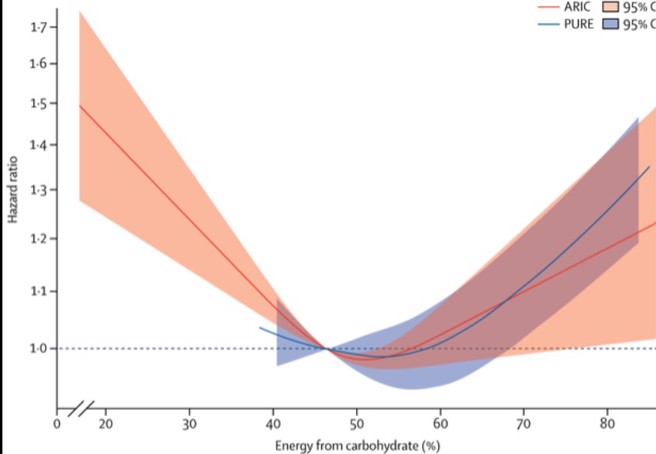 大规模的数据分析发现，人类摄取碳水占总热量比，若为50~55%间，整体的死亡风险最低。（取自美国国家医学图书）