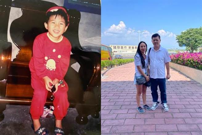 易女小时照片模样相当可爱，事隔31年，回台找当年那位相当照顾她的警察先生，2人开心合影留念。（翻摄照片／高雄洪靖宜传真）
