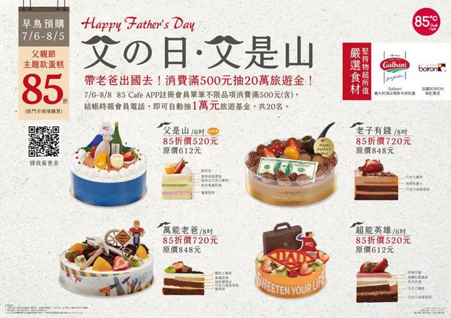 针对父亲节，85度C推出四款父亲节造型蛋糕，7／6起预购85折。（图／85度C）