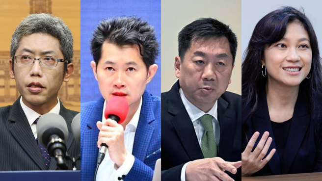 总统蔡英文2016年上任后，有多位总统府发言人、行政院发言人因故请辞。左至右分别为总统府前发言人丁允恭、行政院前发言人丁怡铭、行政院前发言人陈宗彦及总统府前发言人谷辣斯。（合成图／本报资料照）