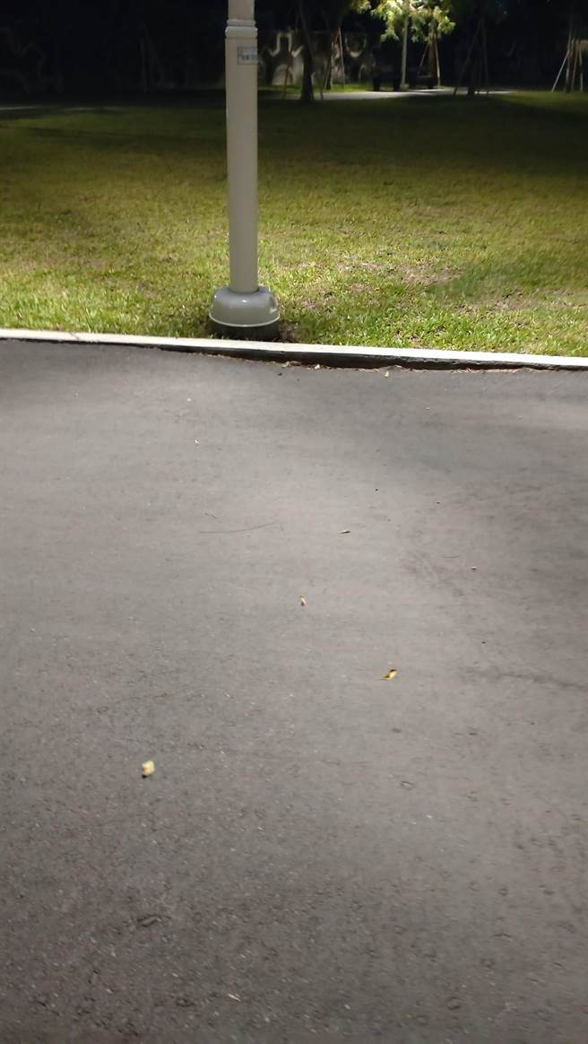 近日女網友帶小孩到籬仔內公園遊玩時，拍下公園柏油塌陷照片。（摘自臉書「高雄大小事」／崔正綱高雄傳真）