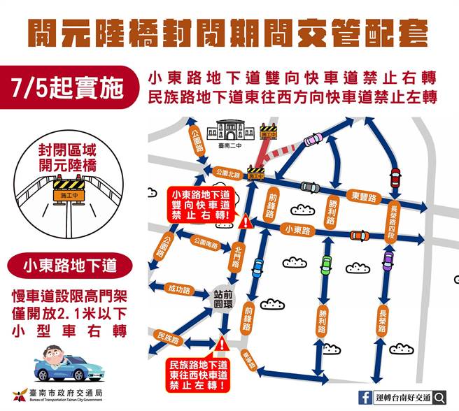 台南市北区开元路桥封闭期间交管配置图。（交通局提供／洪荣志台南传真）
