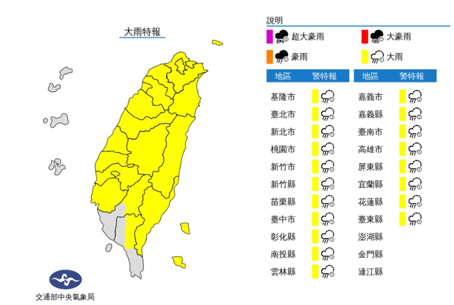 午后对流旺盛，中央气象局针对19县市发布大雨特报。（中央气象局提供）